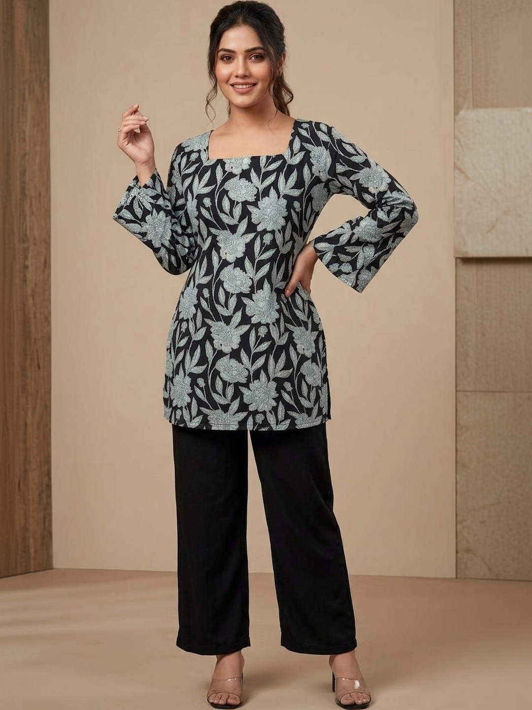 Roopmytra Floral Printed Square Neck Flared Sleeves Kurti