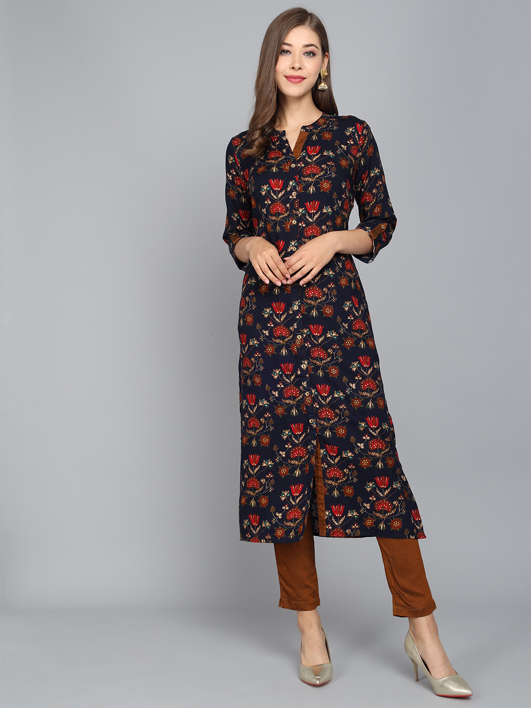 Anouk Navy Blue and Red Notch Neck Floral Printed Liva Straight Kurta