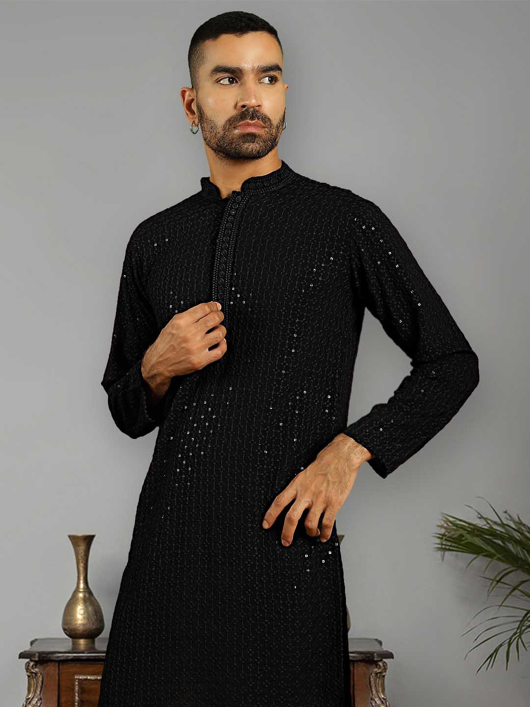 Anouk Black Floral Embroidered Regular Sequined Pure Cotton Kurta with Pyjamas