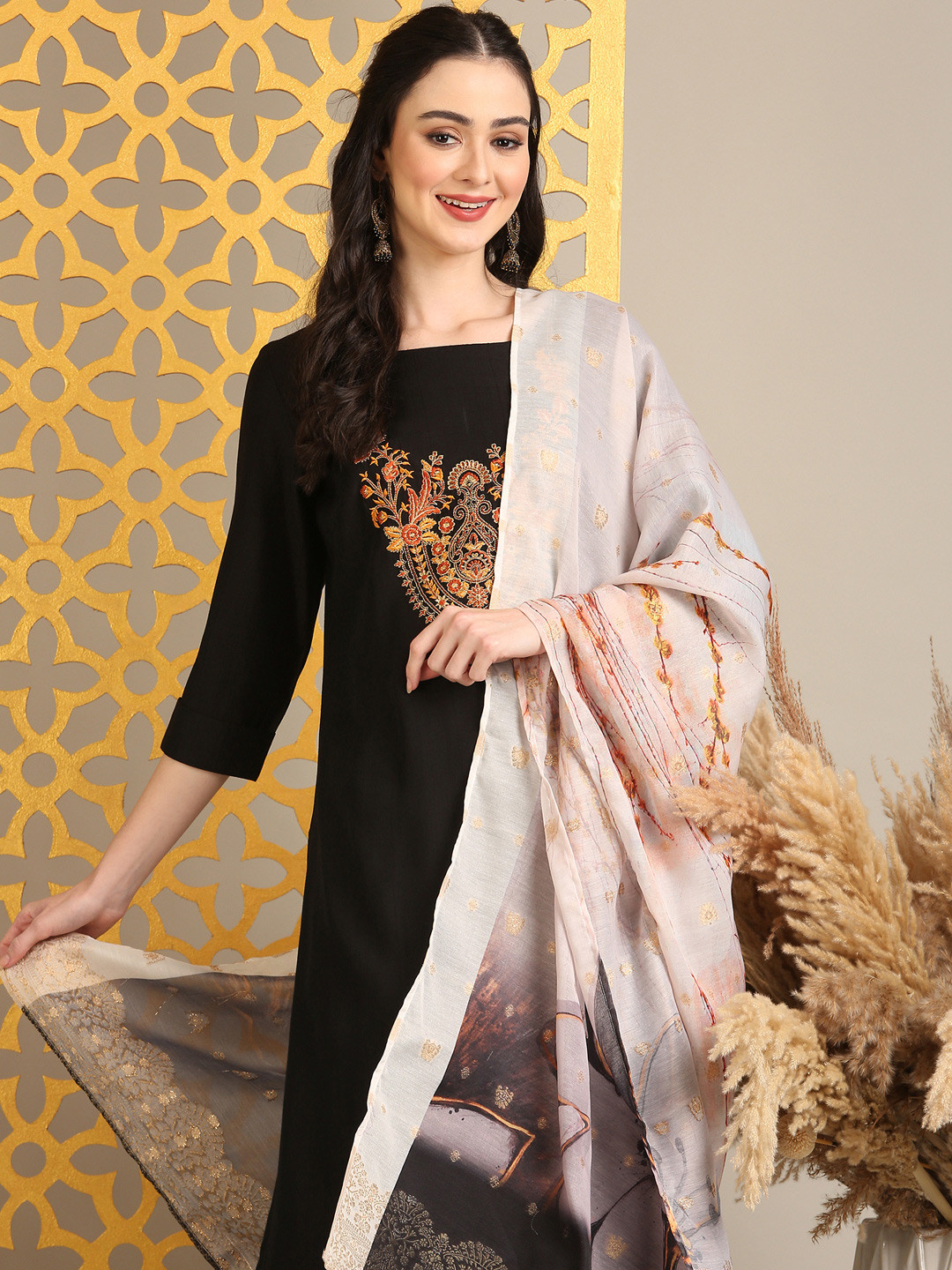 Anouk Black Ethnic Motifs Embroidered Straight Kurta With Trouser & Dupatta