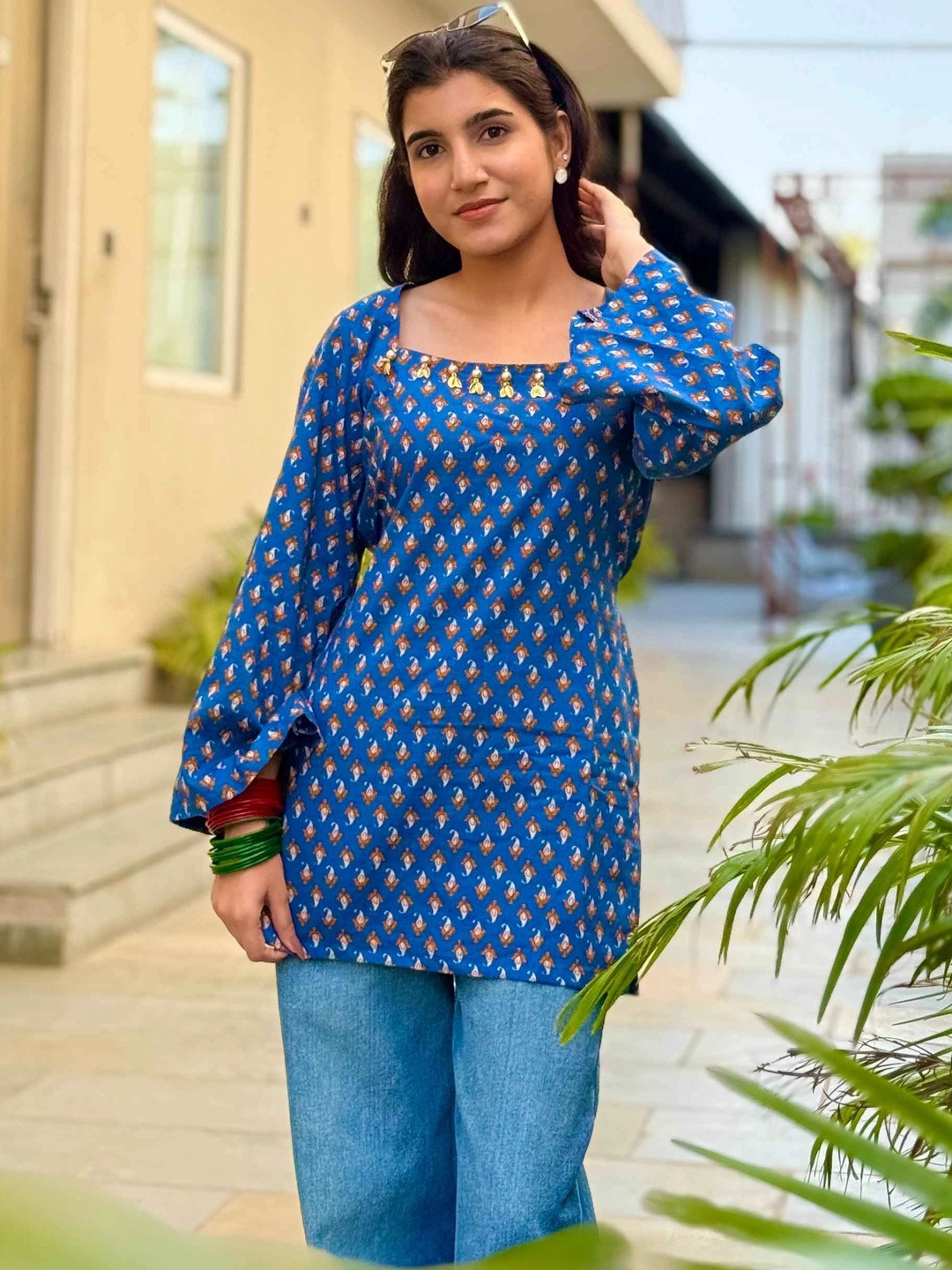 Rashijangidofficial Ethnic Motifs Printed Square Neck Pure Cotton Kurti