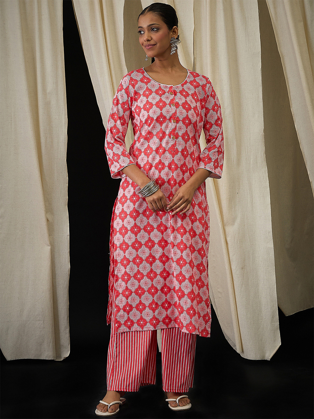 Anouk Women Printed Regular Thread Work Pure Cotton Kurta with Palazzos