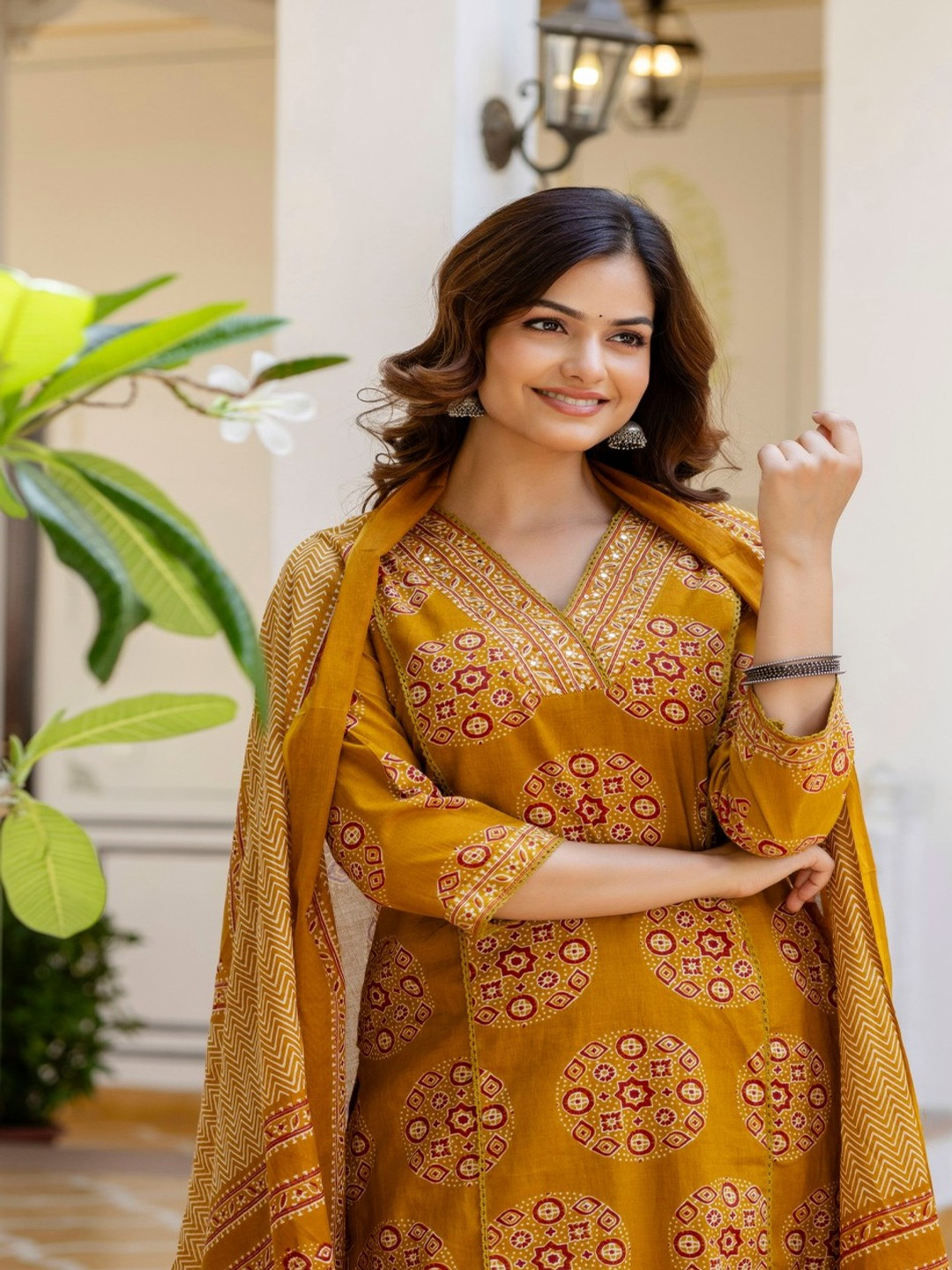 Anouk Floral Printed V-Neck Mirror Work Pure Cotton Kurta with Palazzos & Dupatta