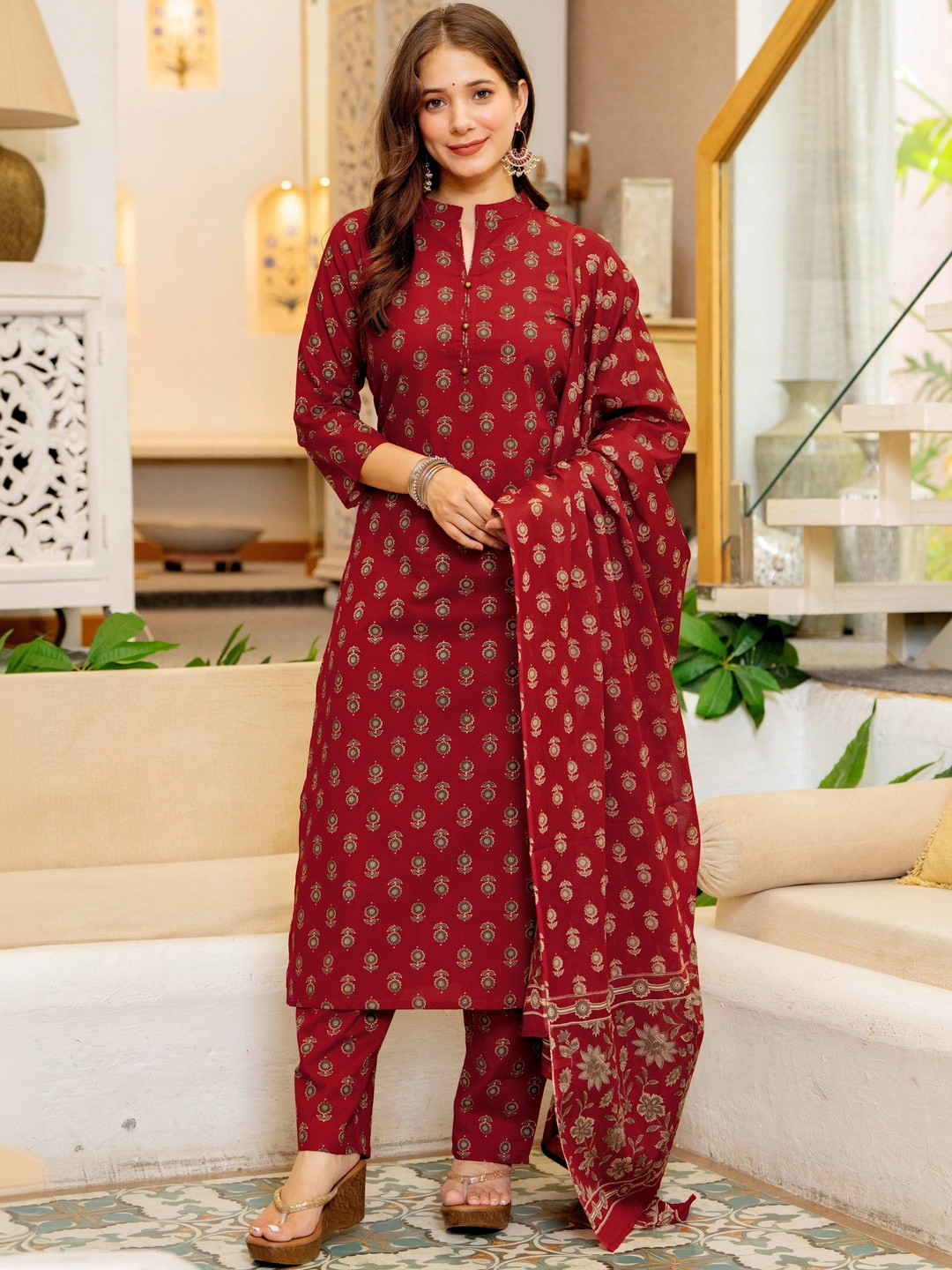 GEKHA Women Ethnic Motifs Printed Regular Pure Cotton Kurta with Trousers & With Dupatta