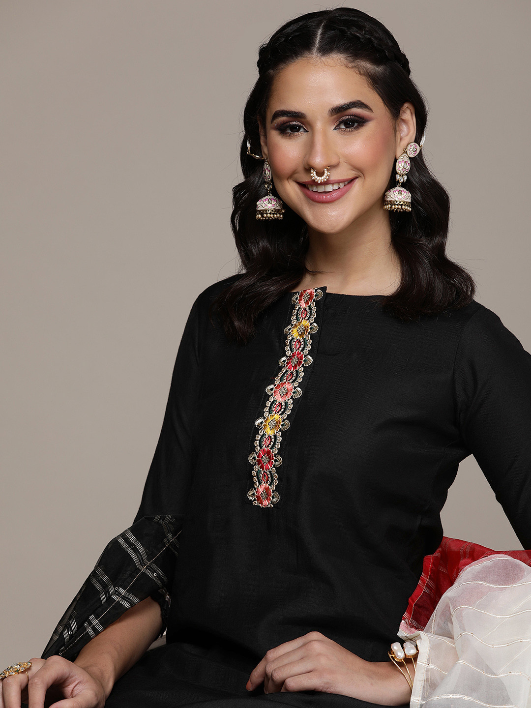 Anouk Women Yoke Design Regular Sequinned Liva Kurta with Trousers & Dupatta