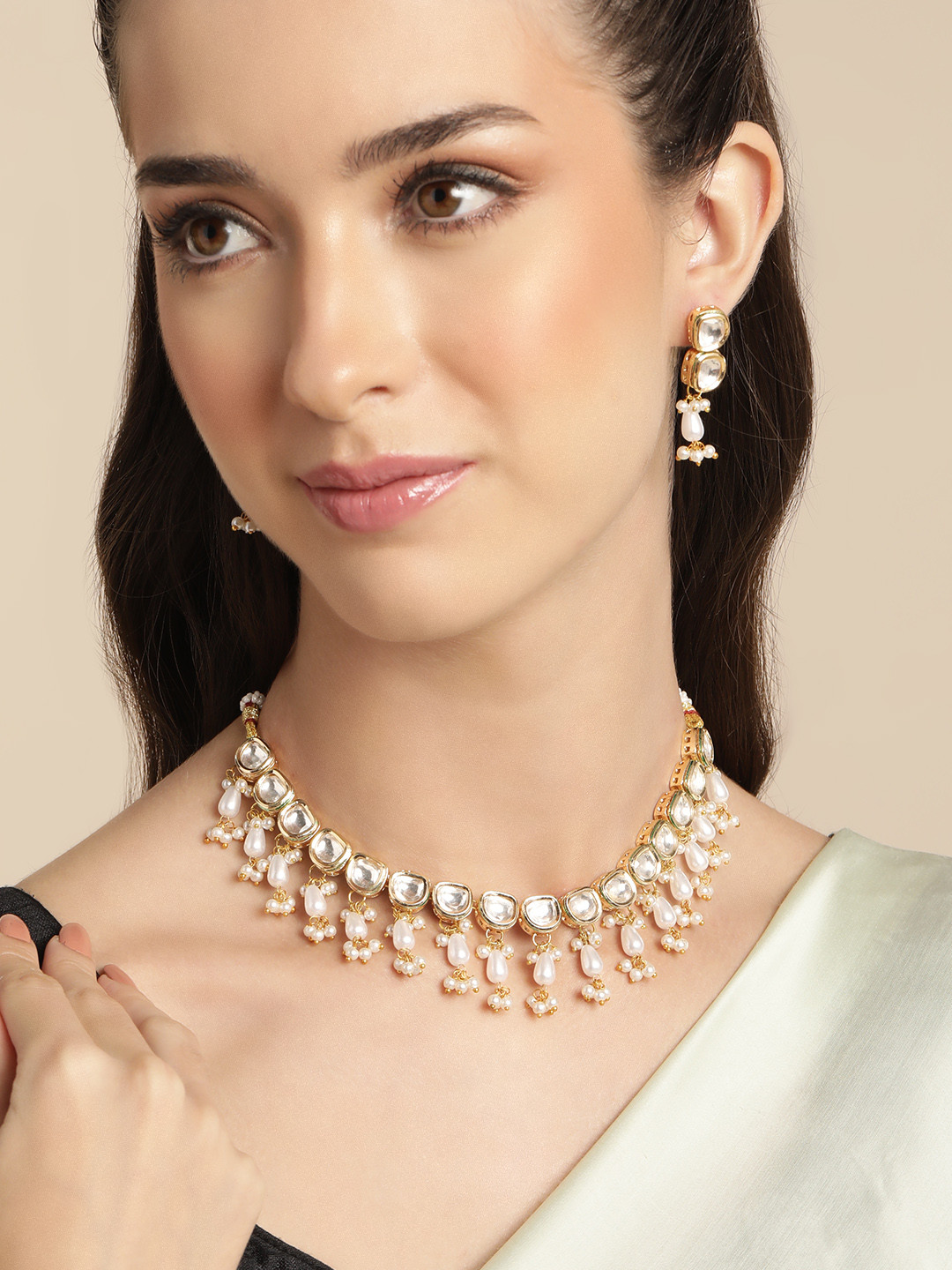 Anouk Gold-Plated White Beads Kundan Jewellery Set