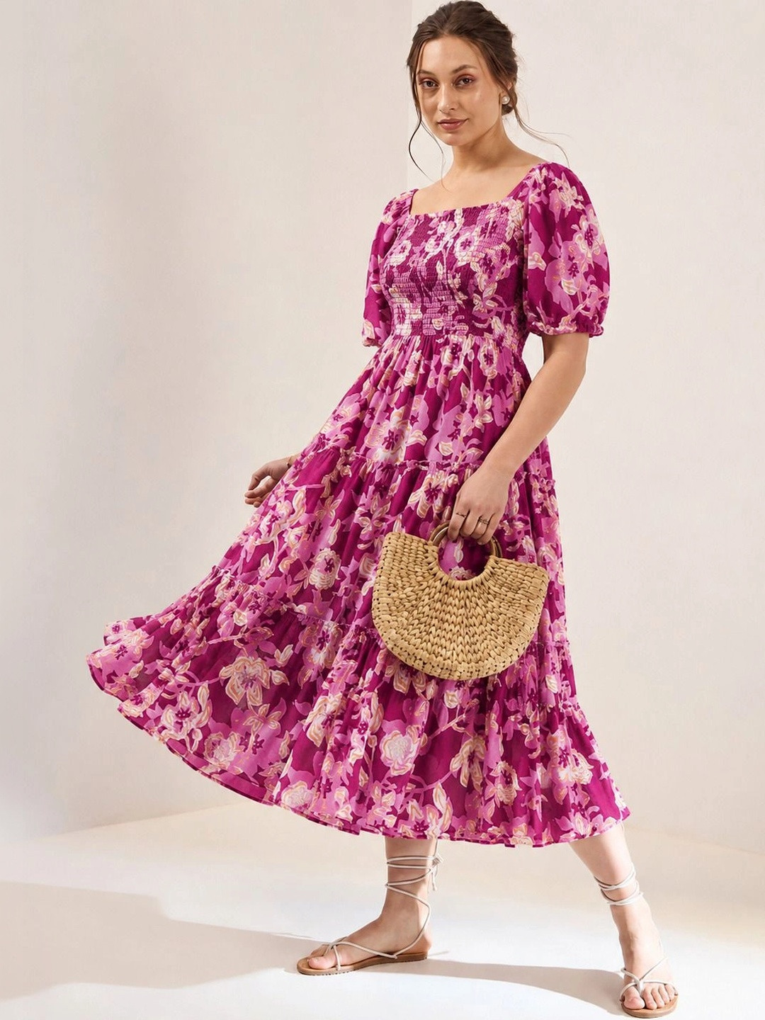 PTVIZE Floral Print Puff Sleeve A-Line Midi Dress