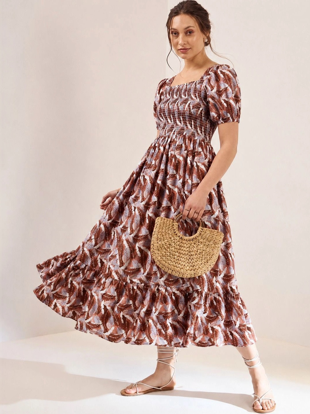 Bohemian Abstract Print Puff Sleeve Midi Dress