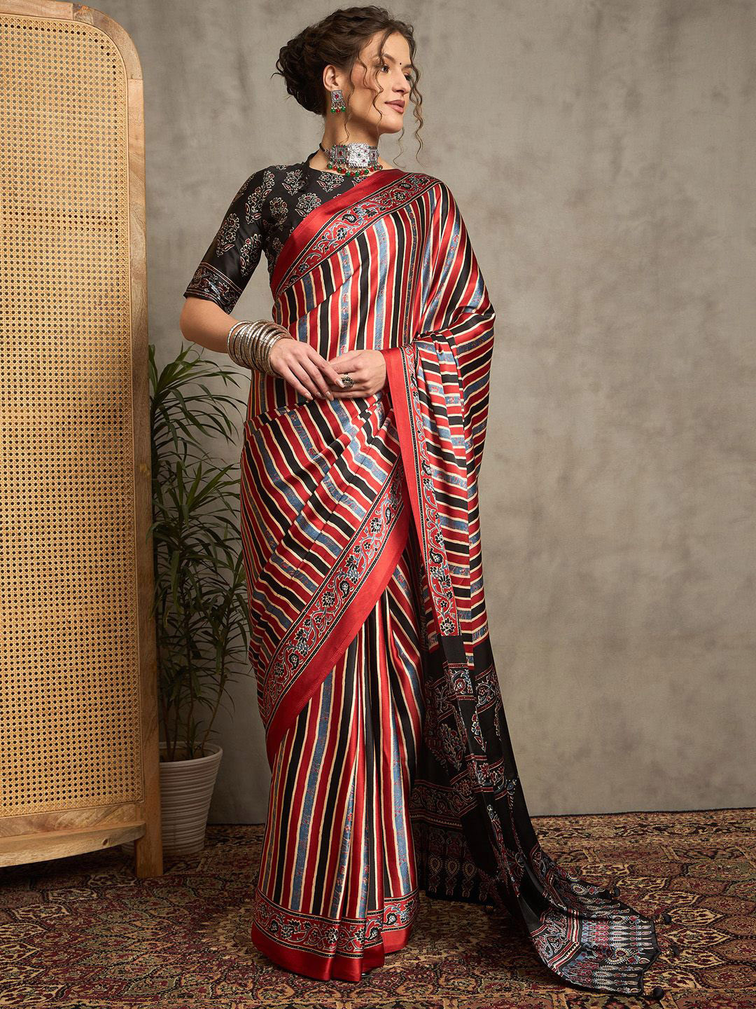 Anouk Striped Pure Crepe Block Print Saree