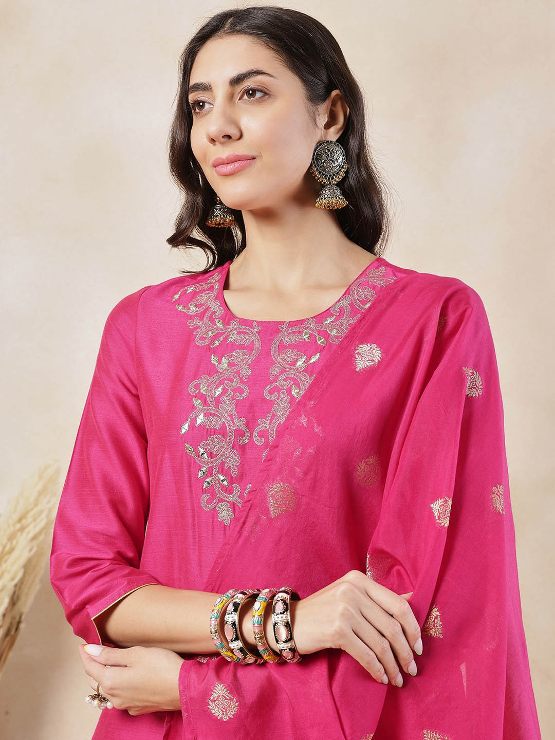 Anouk Ethnic Motifs Yoke Design Regular Thread Work Kurta with Trouser & Dupatta