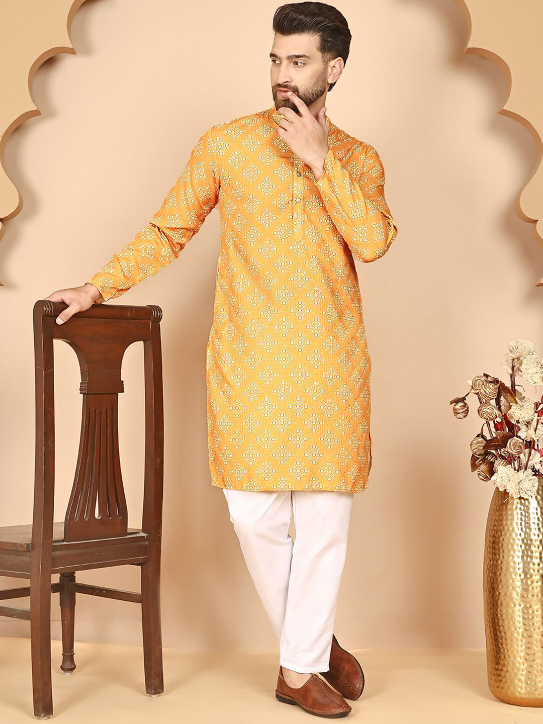 Anouk Geometric Printed Mandarin Collar Sequinned Kurta With Pyjamas