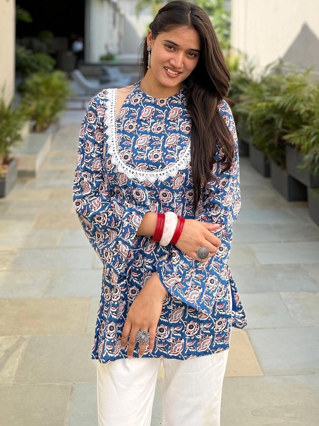 Rashijangidofficial Floral Printed Halter Neck Pure Cotton Anarkali Kurti