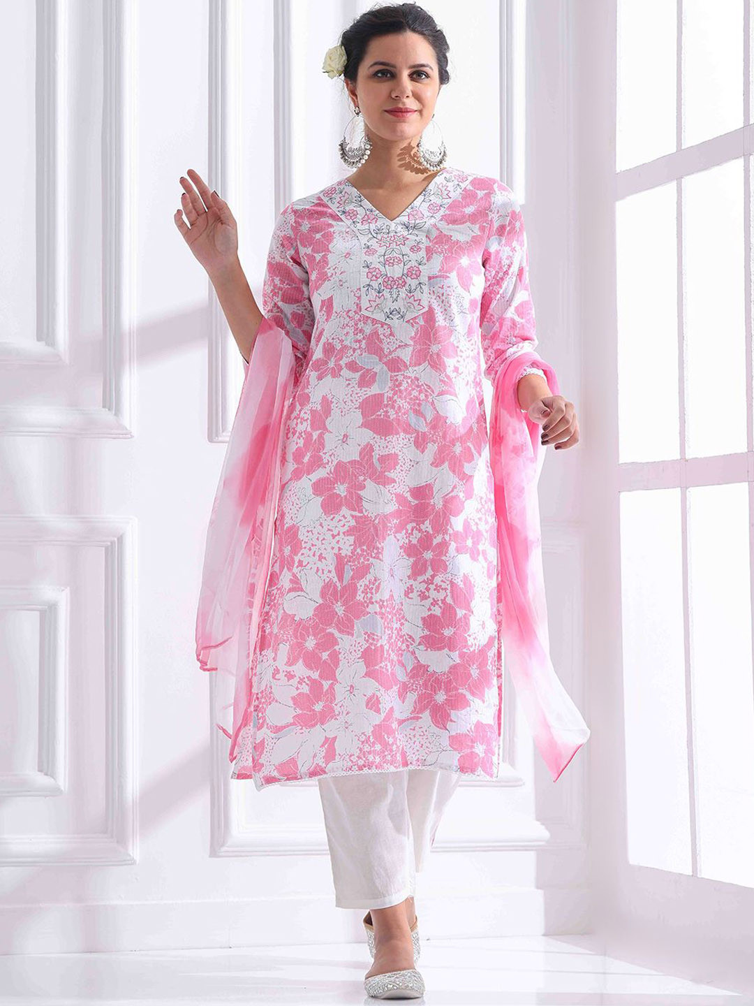 Anouk Floral Embroidered Kantha Work Pure Cotton Kurta with Trousers & Dupatta