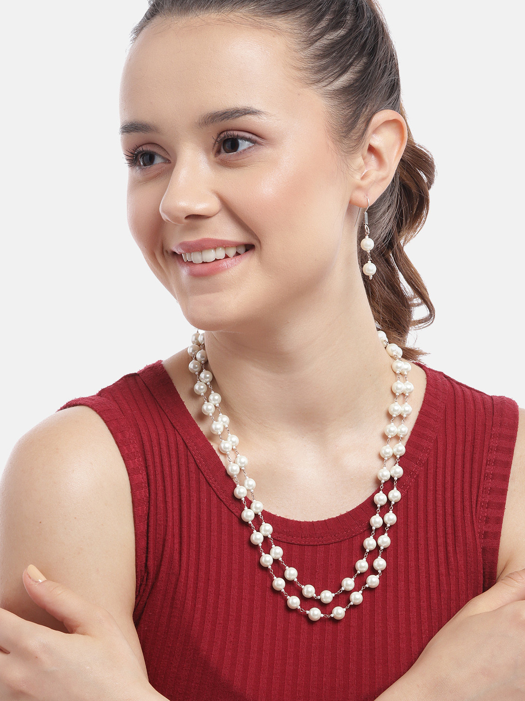 Anouk Silver-Plated Pearls-Studded Layered Jewellery Set