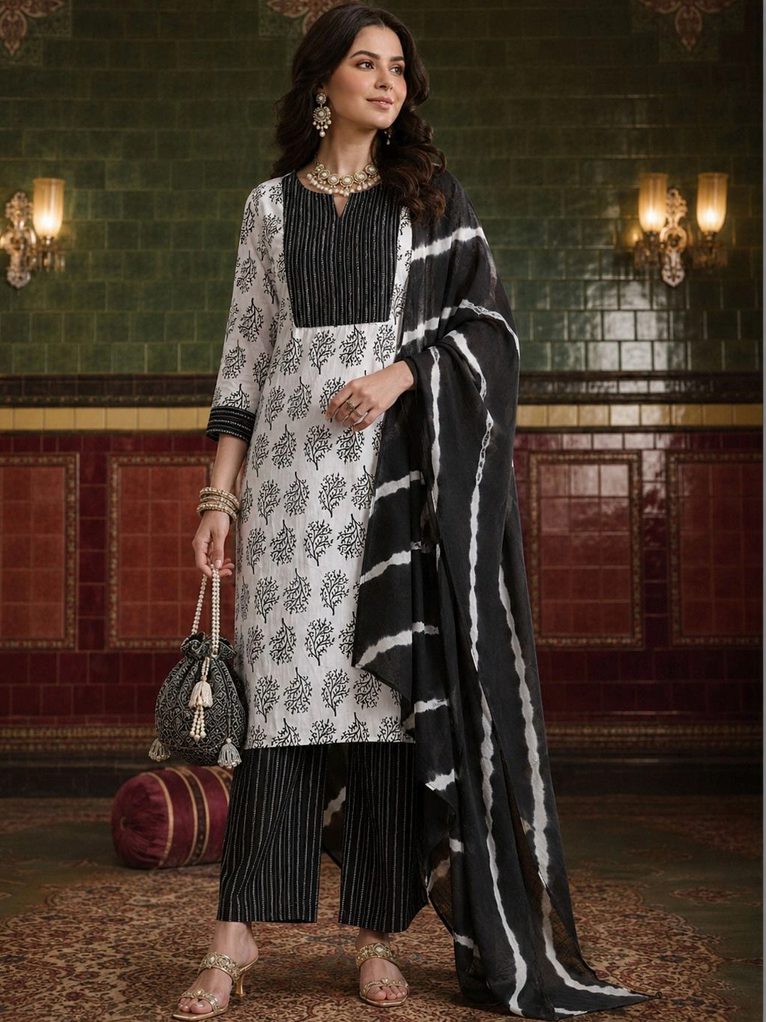 House of Pataudi Women Ethnic Motifs Printed Regular Pure Cotton Kurta with Trousers & With Dupatta