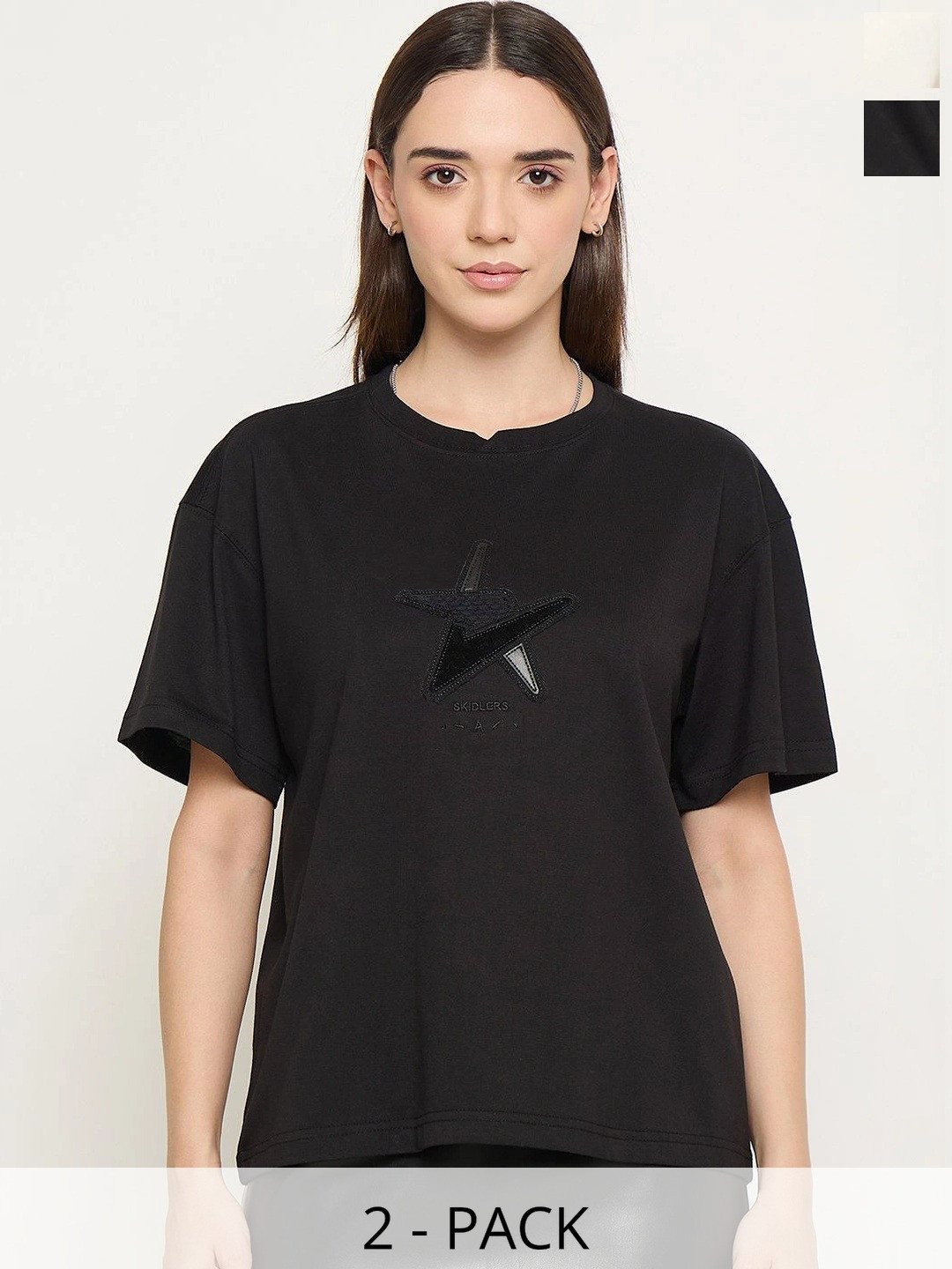 Skidlers Women Brand Logo 2 Printed Drop-Shoulder Sleeves T-shirt