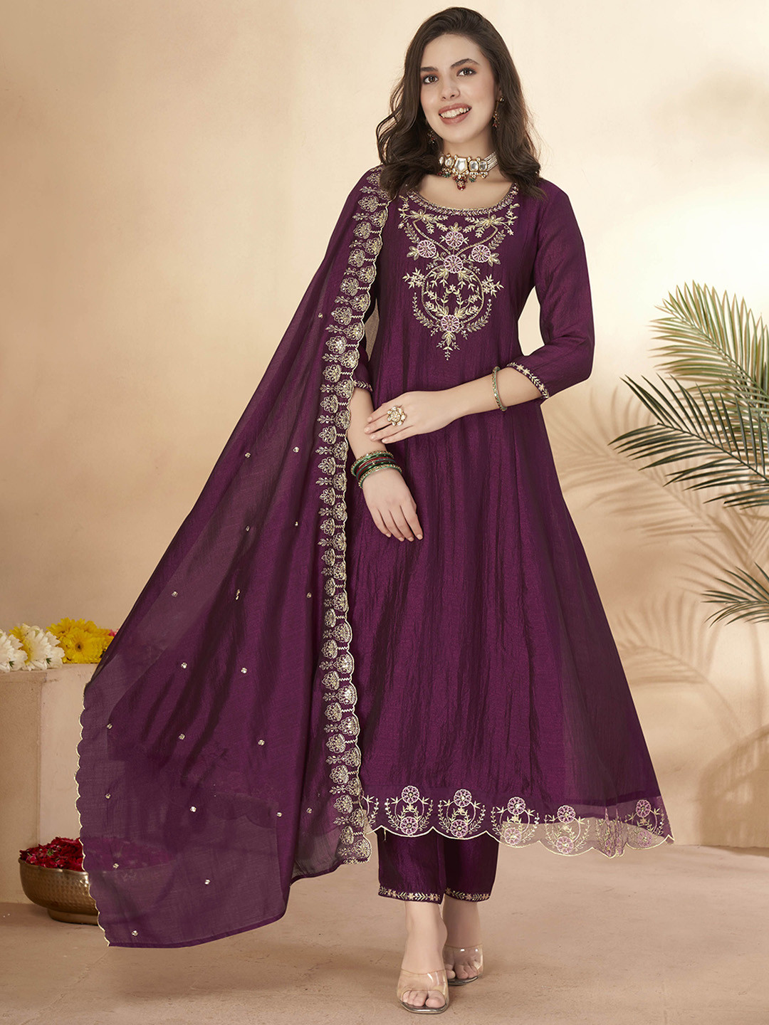Anouk Ethnic Motifs Embroidered Regular Thread Work Anarkali Kurta With Trousers & Dupatta