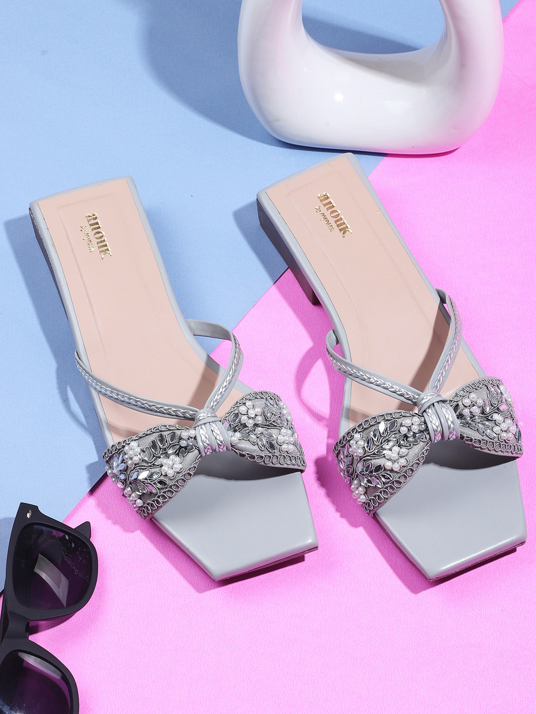 Anouk Grey Ethnic Embellished Open Toe Flats