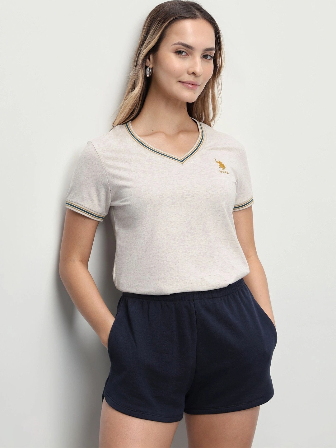 U.S. Polo Assn. Women Women Brand Logo V-Neck T-shirt