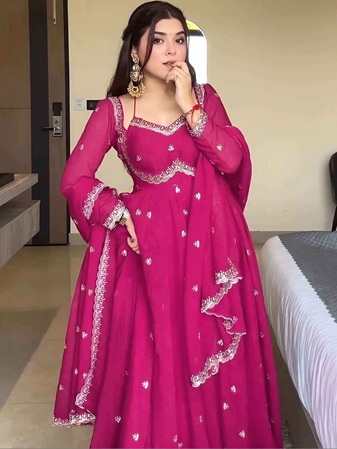 SACi Women Ethnic Motifs Embroidered Empire Kurta with Pyjamas & With Dupatta