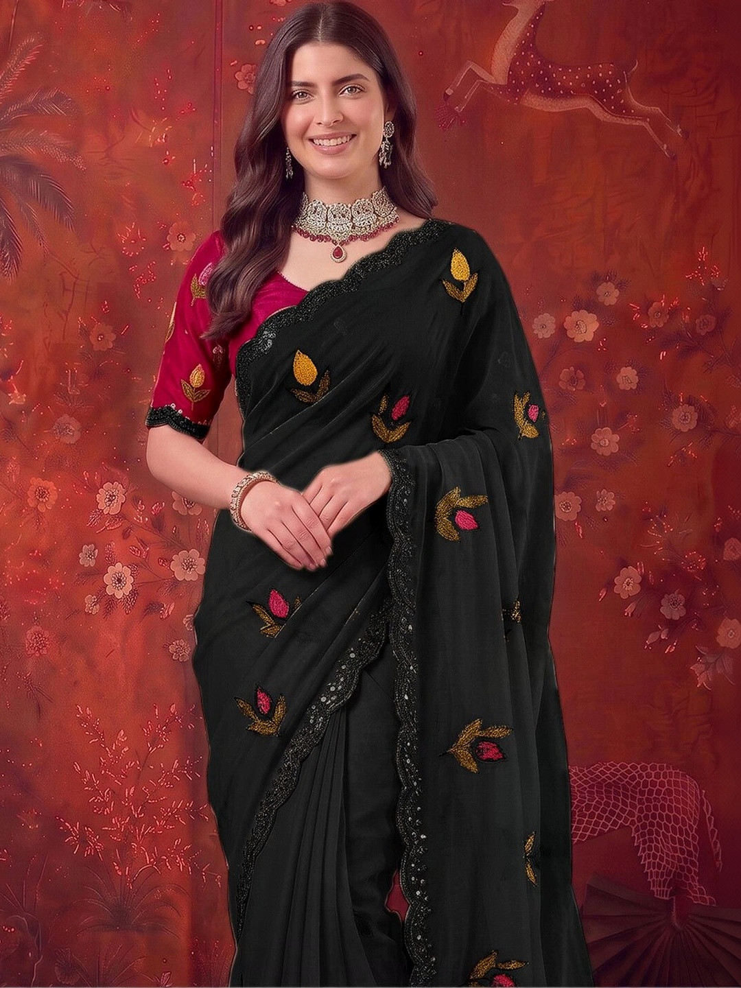 Sangria Floral Embroidered Poly Georgette Saree