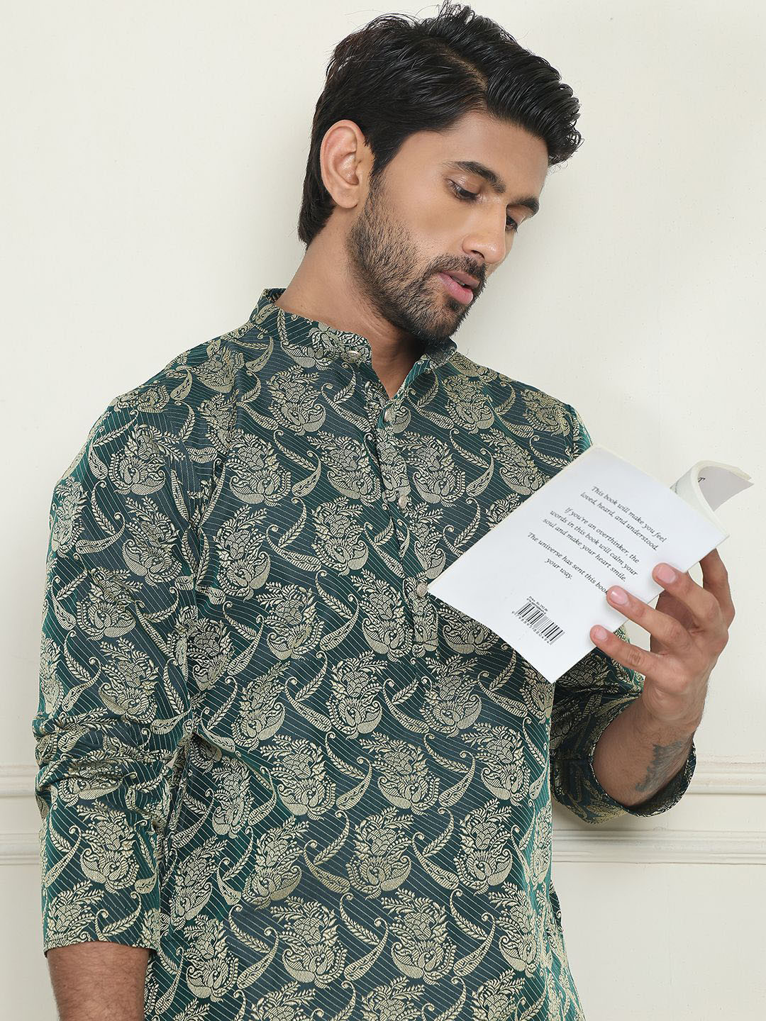 Anouk Olive Floral Woven Design Mandarin Collar Jacquard Silk Straight Kurta