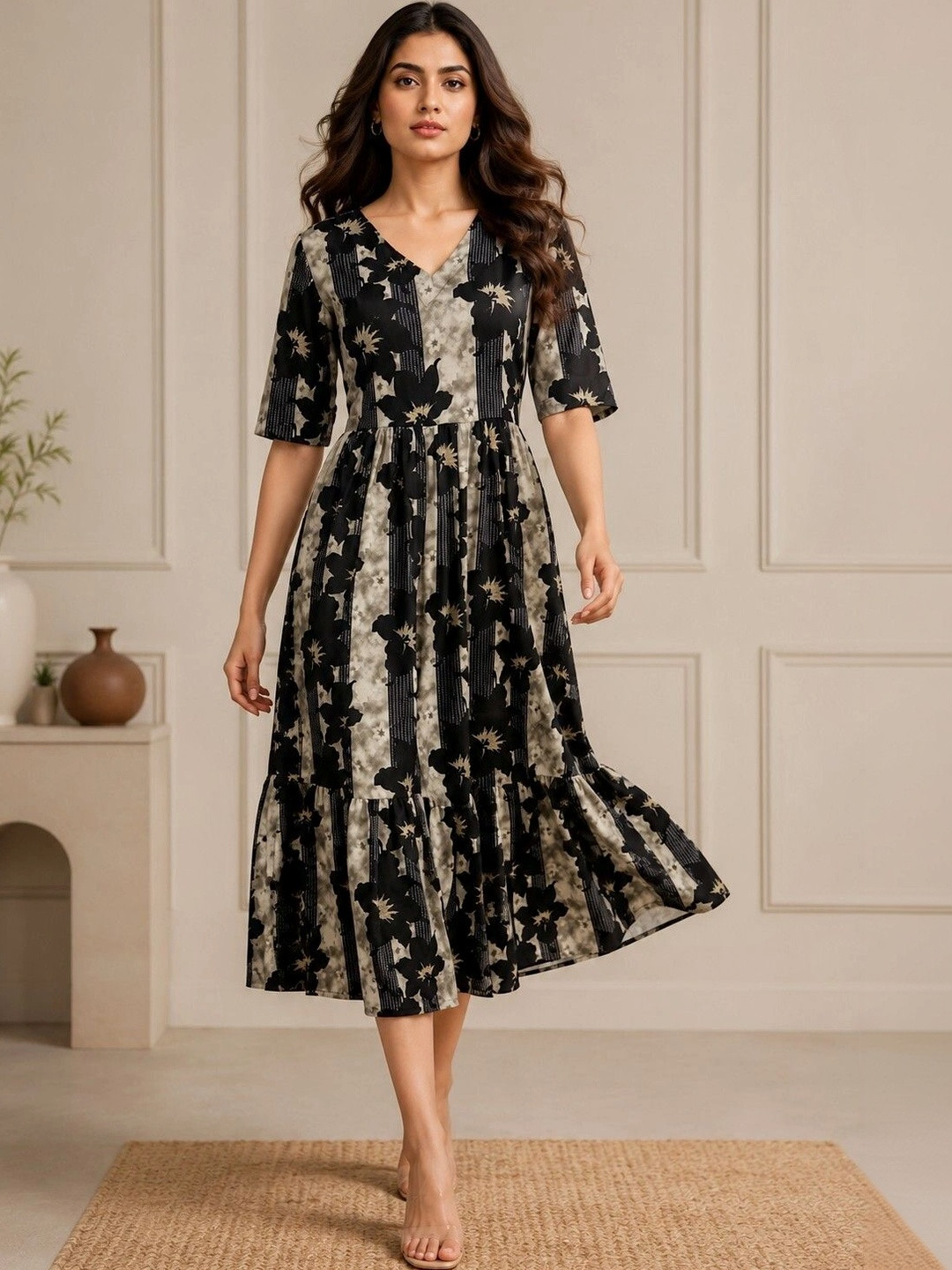 HARIKS Floral Print A-Line Midi Dress