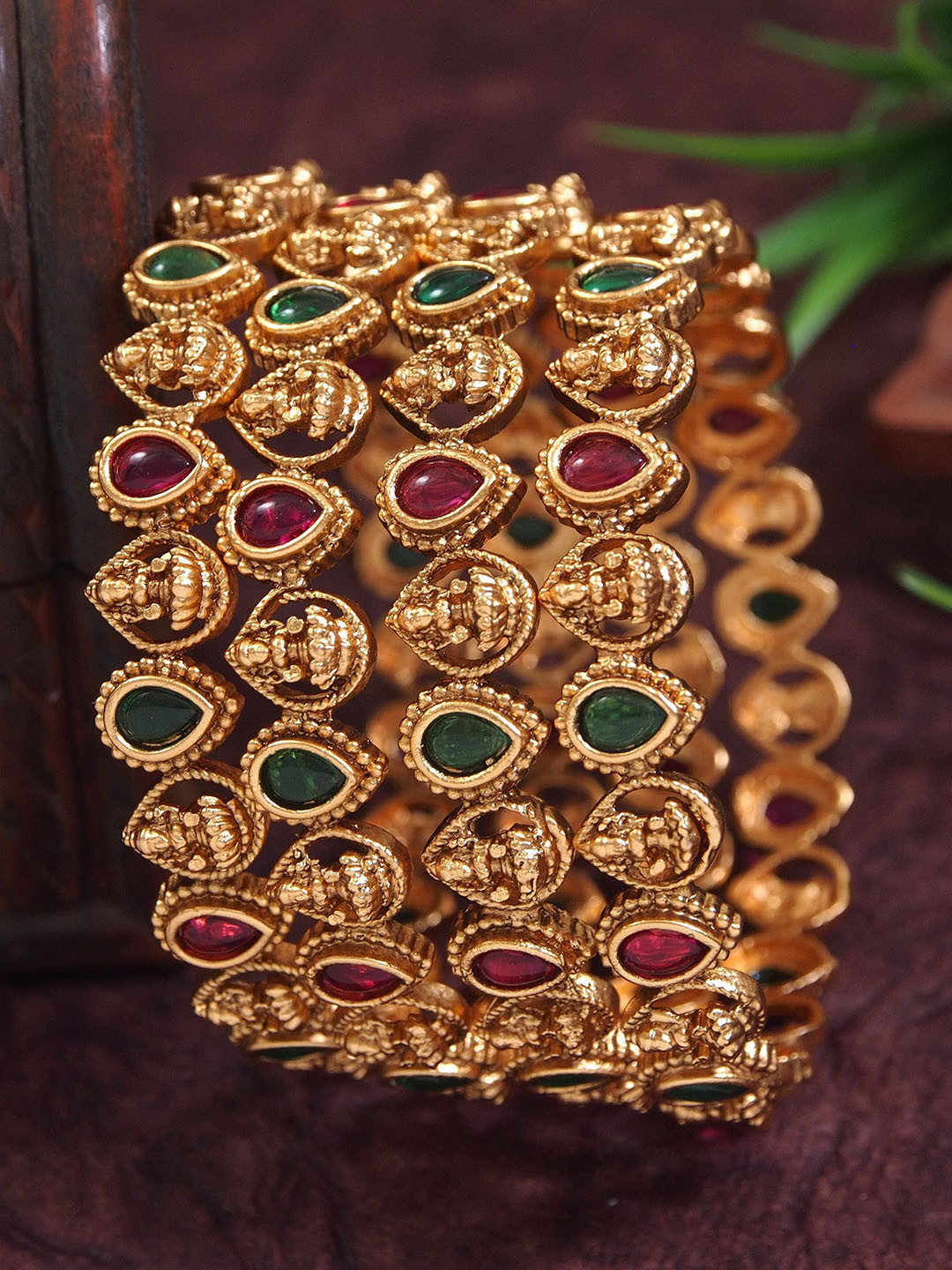 Anouk Set Of 4 Gold-Plated Artificial Stones And Beads Studded Temple Bangles