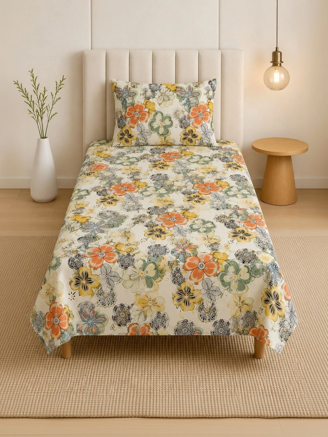 TINDLER KNOTS White & Orange Floral 144 TC Single Bedsheet with 1 Pillow Covers