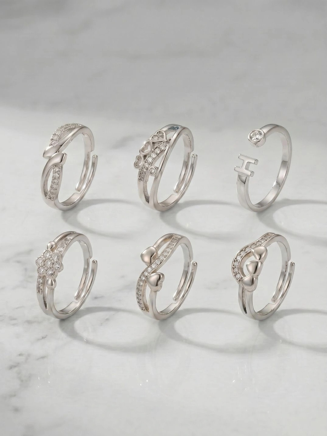 Anouk Women Set of 6 Silver Plated American Diamond Finger Ring