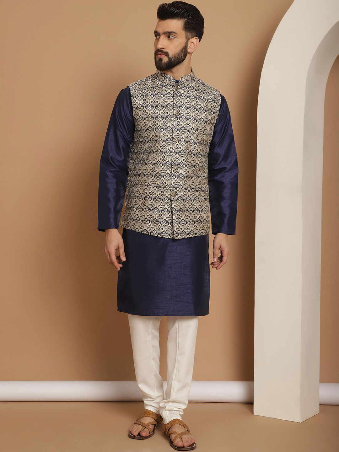 Anouk Woven Design Mandarin Collar Long Sleeves Kurta with Churidar Nehru Jacket