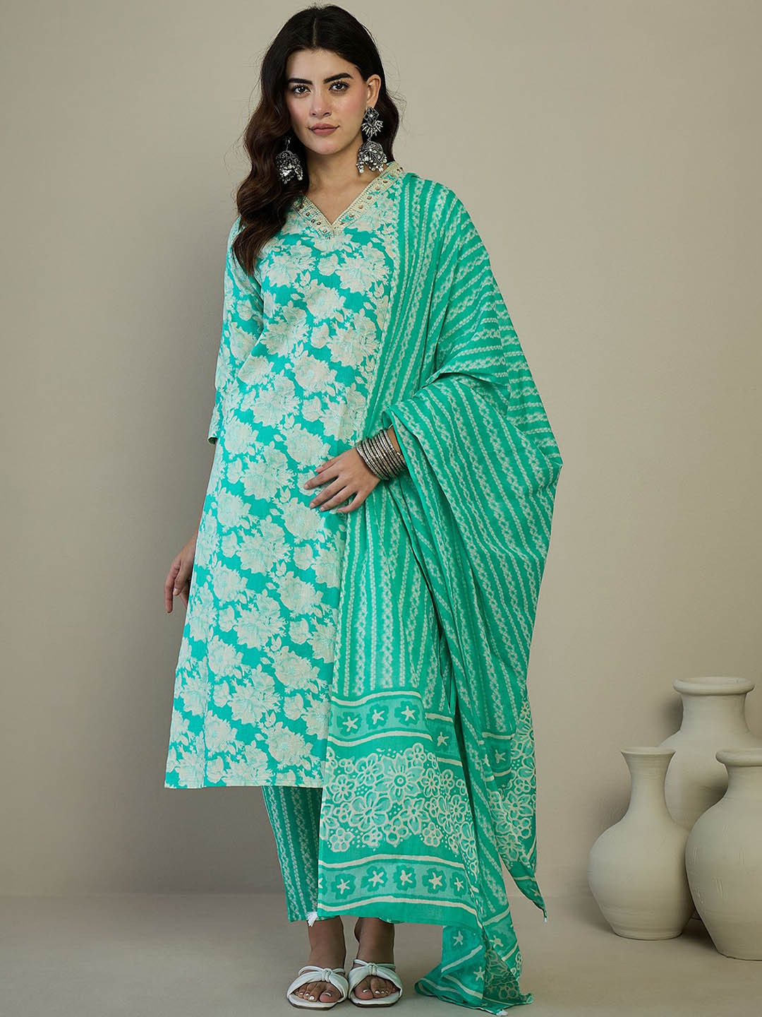 Anouk Floral Printed Regular Pure Cotton Straight Kurta with Trousers & Dupatta