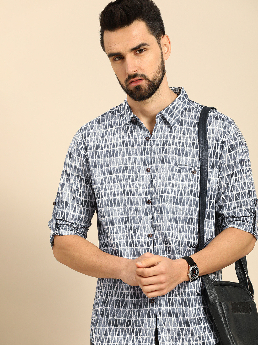Anouk Men Grey & White Printed Casual Pure Cotton Shirt
