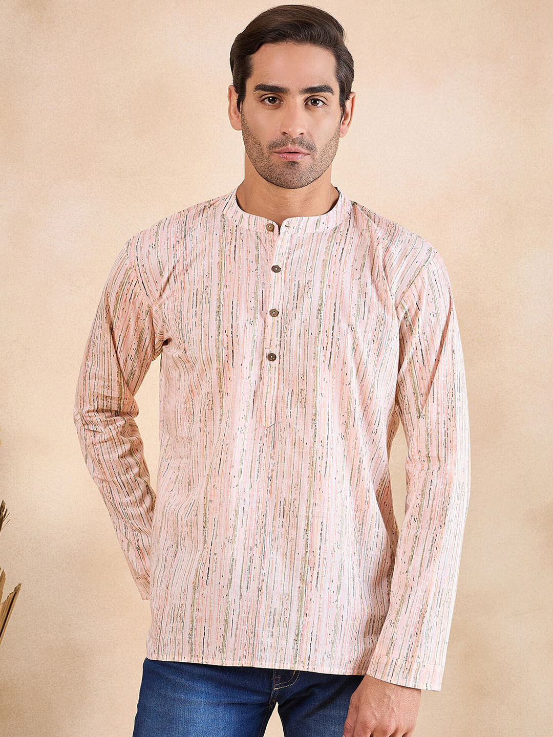Anouk Cream Coloured Striped Band Collar Pure Cotton Straight Short Kurta