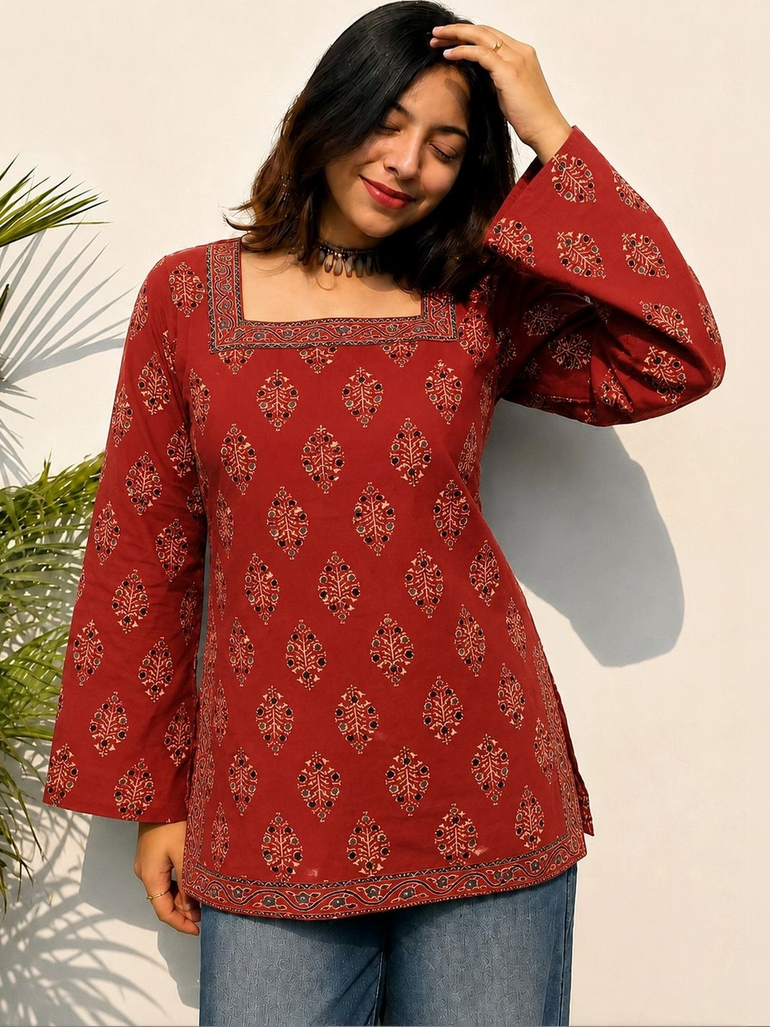 JAHIDA COMFORT WITH STYLE Ethnic Motifs Printed Square Neck Flared Sleeves Pure Cotton Kurti