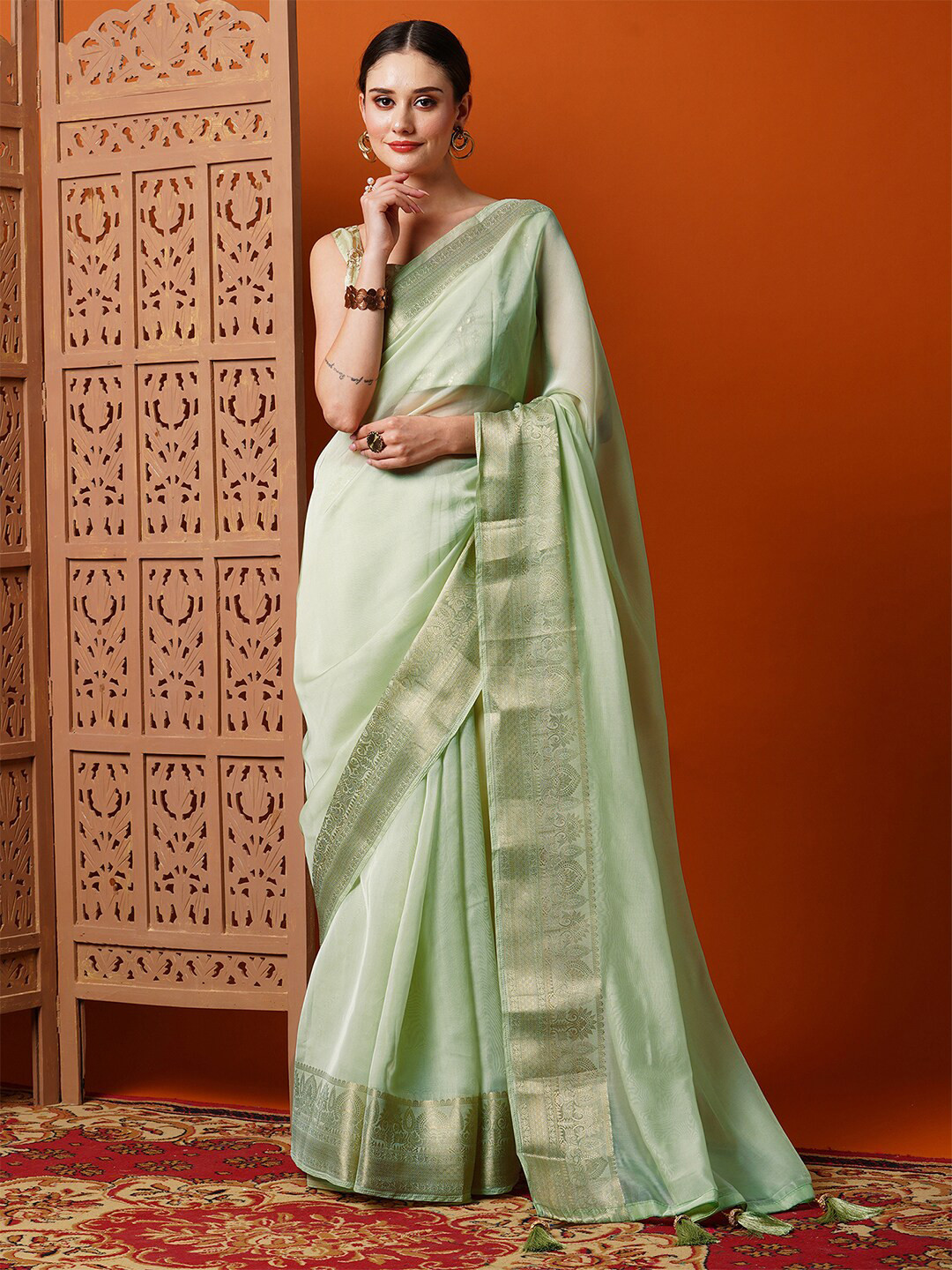 Anouk Green & Gold-Toned Woven Design Zari Organza Saree