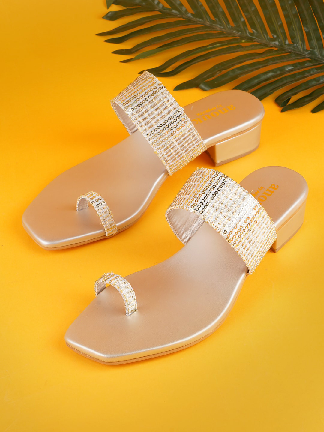 Anouk Gold-Toned Embellished One Toe Block Heels