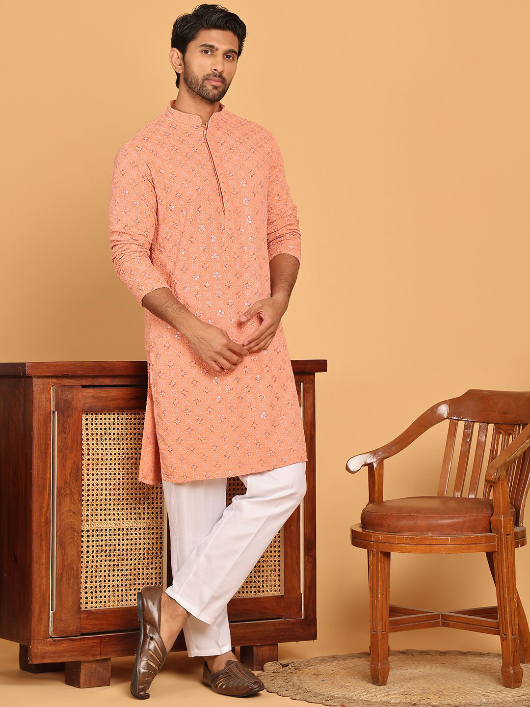 Anouk Peach Floral Embroidered Mandarin Collar Sequinned Kurta With Pyjamas