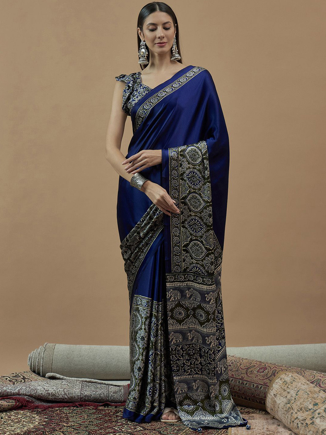Anouk Ethnic Motifs Ajrak Poly Crepe Block Print Saree