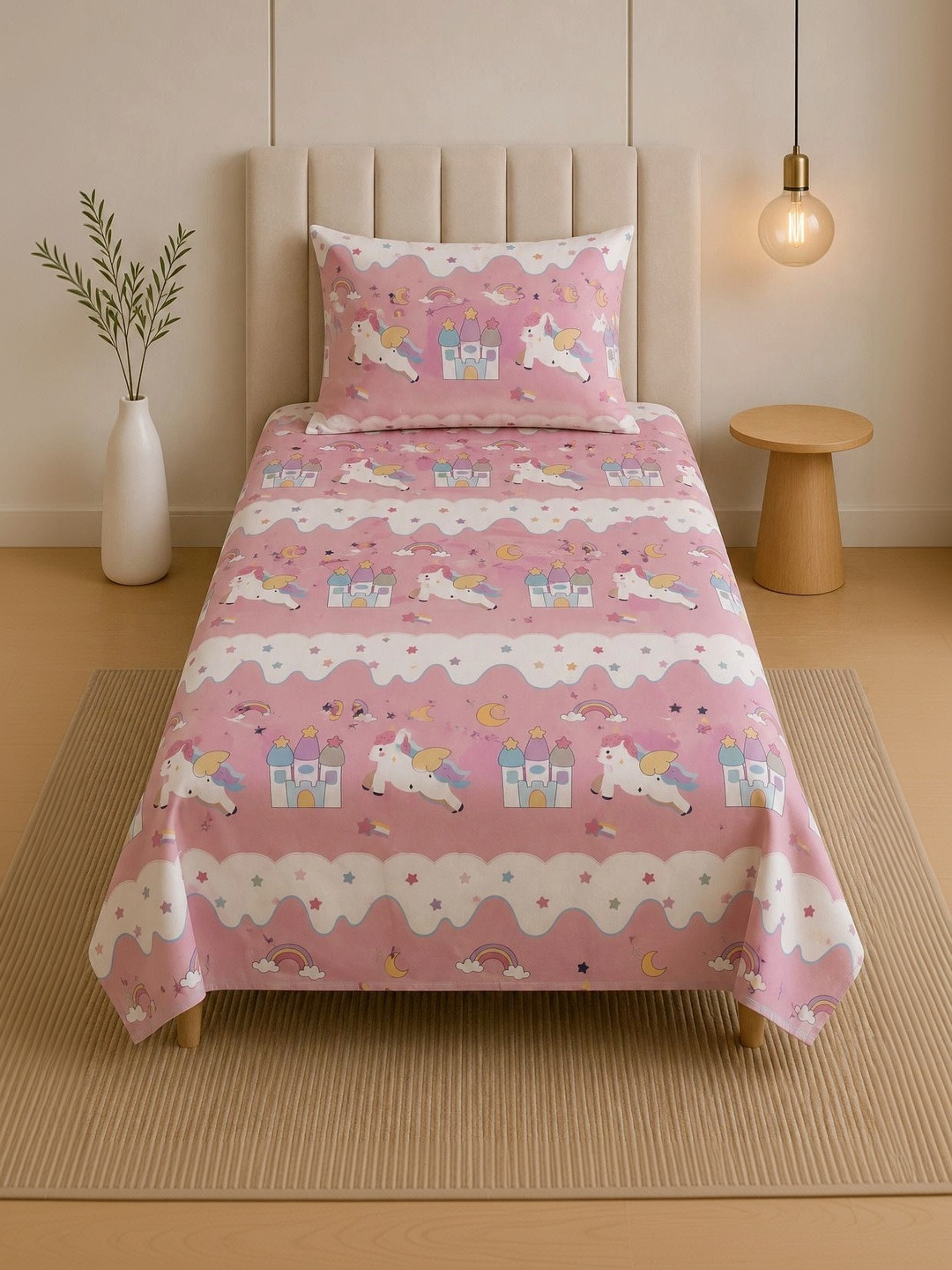TINDLER KNOTS Pink & White Cartoon Characters 144 TC Single Bedsheet with 1 Pillow Covers