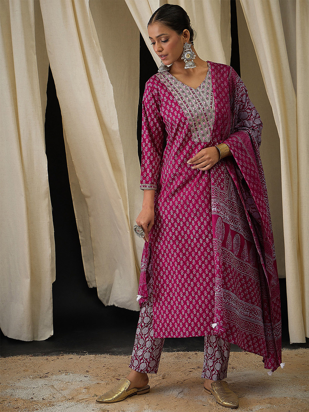 Anouk Women Ethnic Motifs Embroidered Regular Sequinned Pure Cotton Kurta with Palazzos & With Dupatta