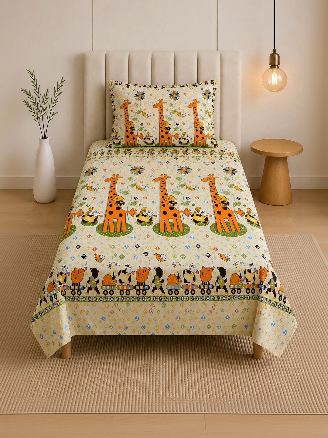 TINDLER KNOTS Yellow & Orange Cartoon Characters 144 TC Single Bedsheet with 1 Pillow Covers