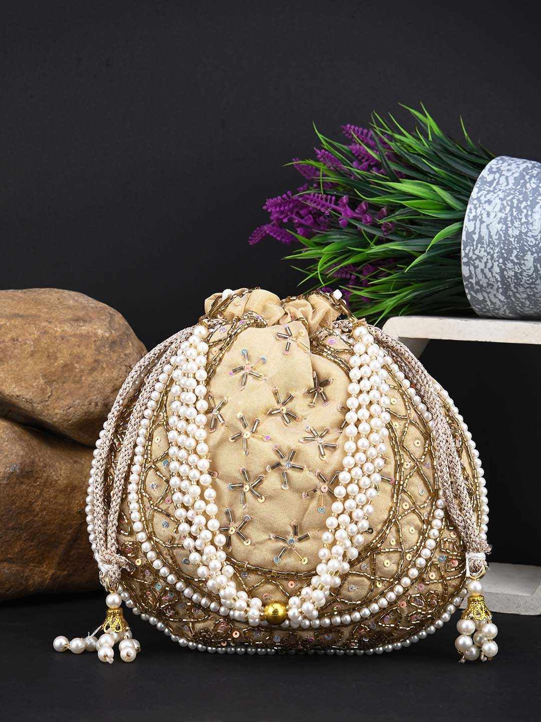Anouk Beige Embroidered Embellished Potli Clutch