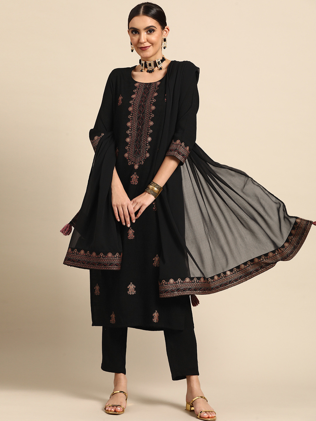 Anouk Women Black Ethnic Motifs Yoke Design Kurta With Palazzos & Dupatta