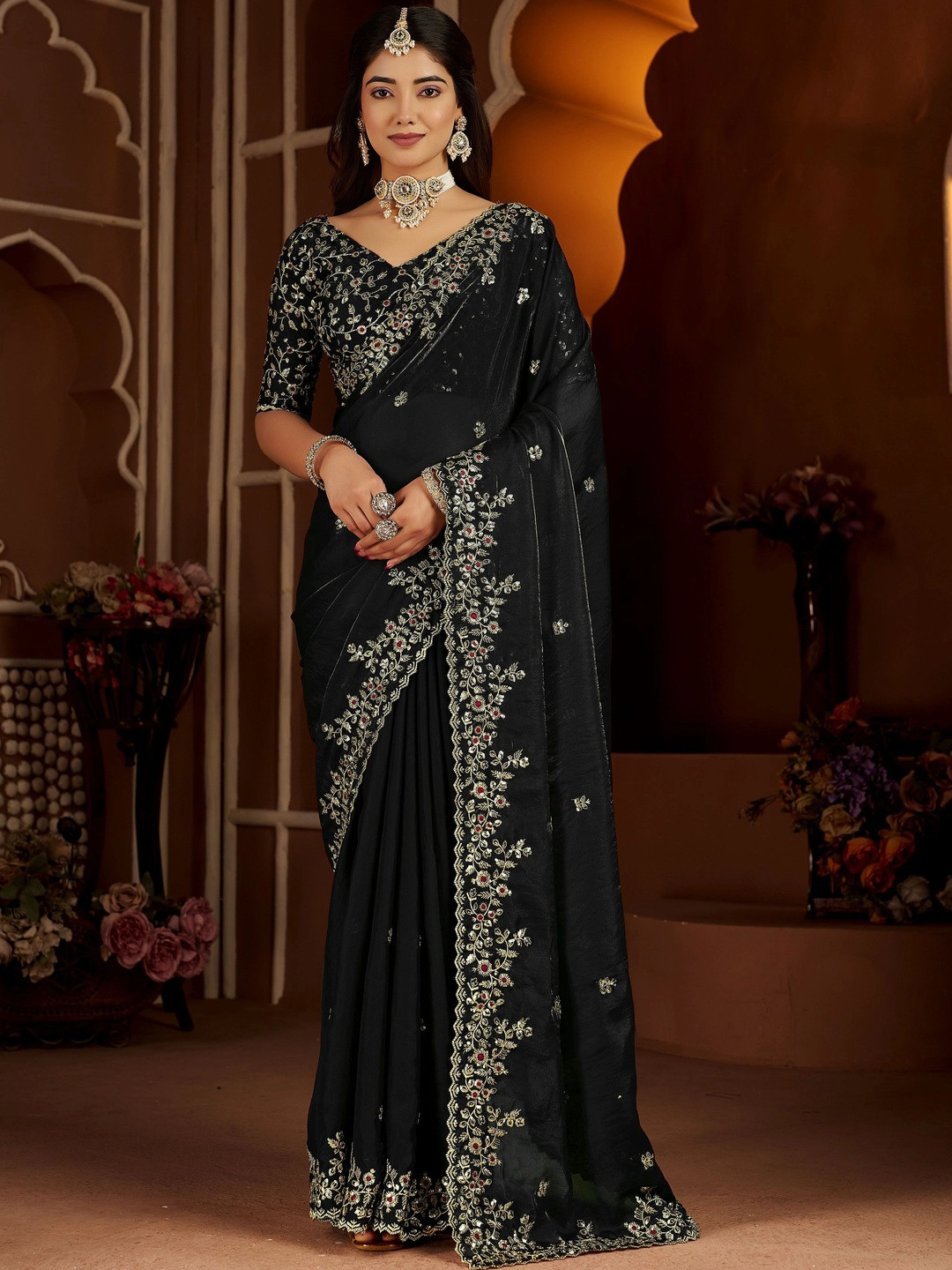RAAG VARNAM Embellished Embroidered Satin Saree