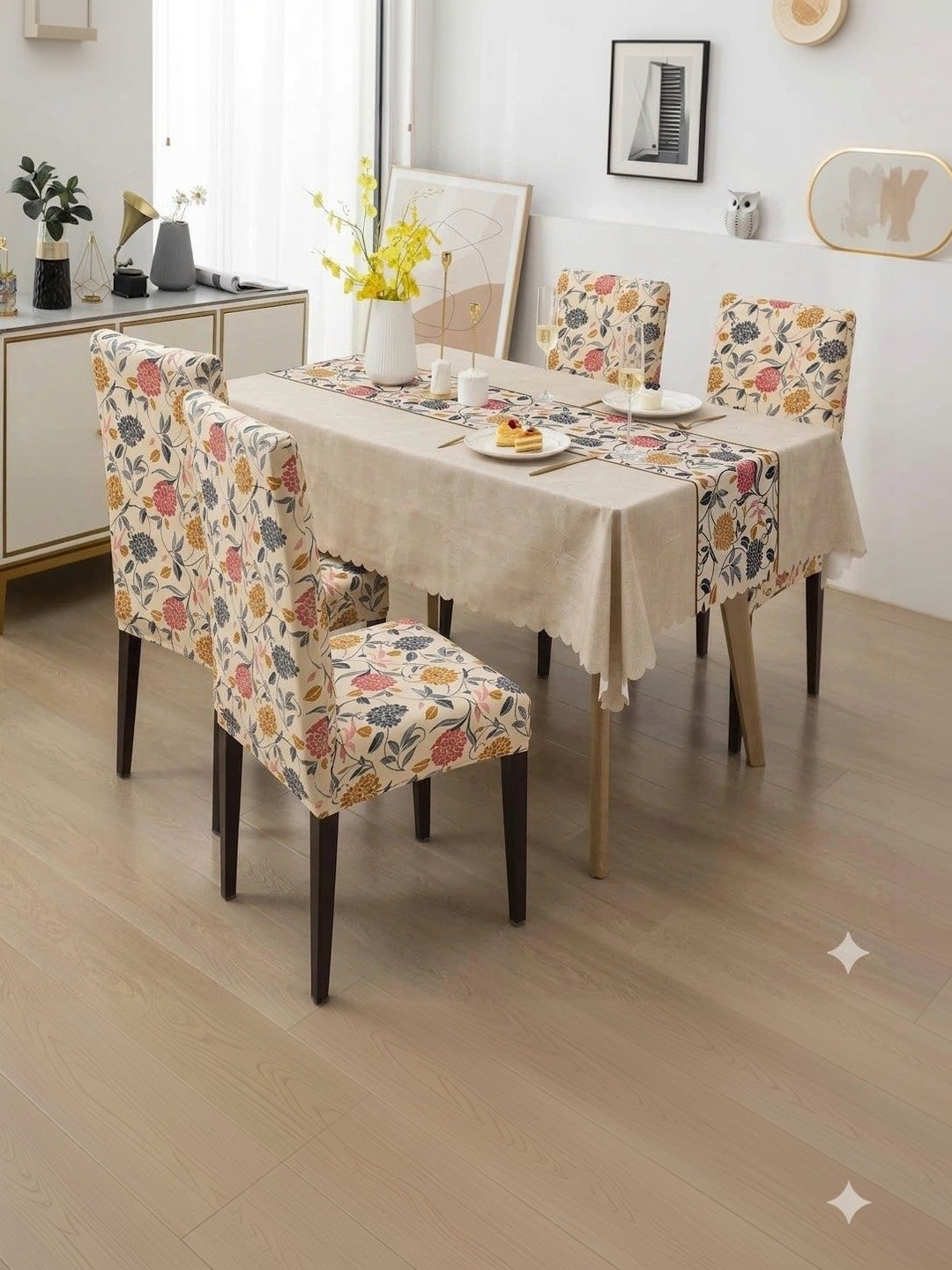 DFH Cream & Pink Printed 5-Pcs Chair Covers With Table Cover