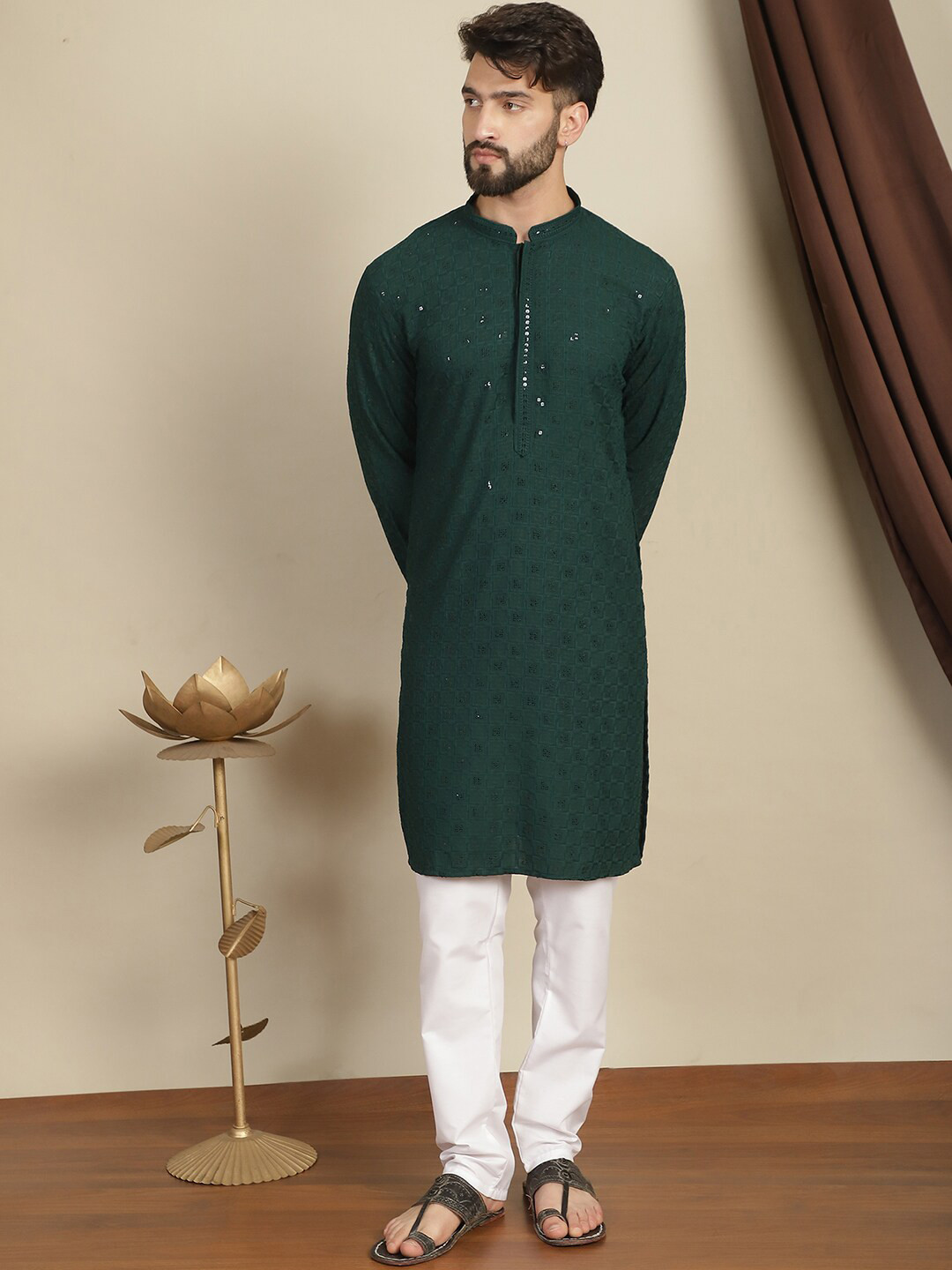 Anouk Embroidered Sequinned Pure Cotton Straight Kurta with Churidar
