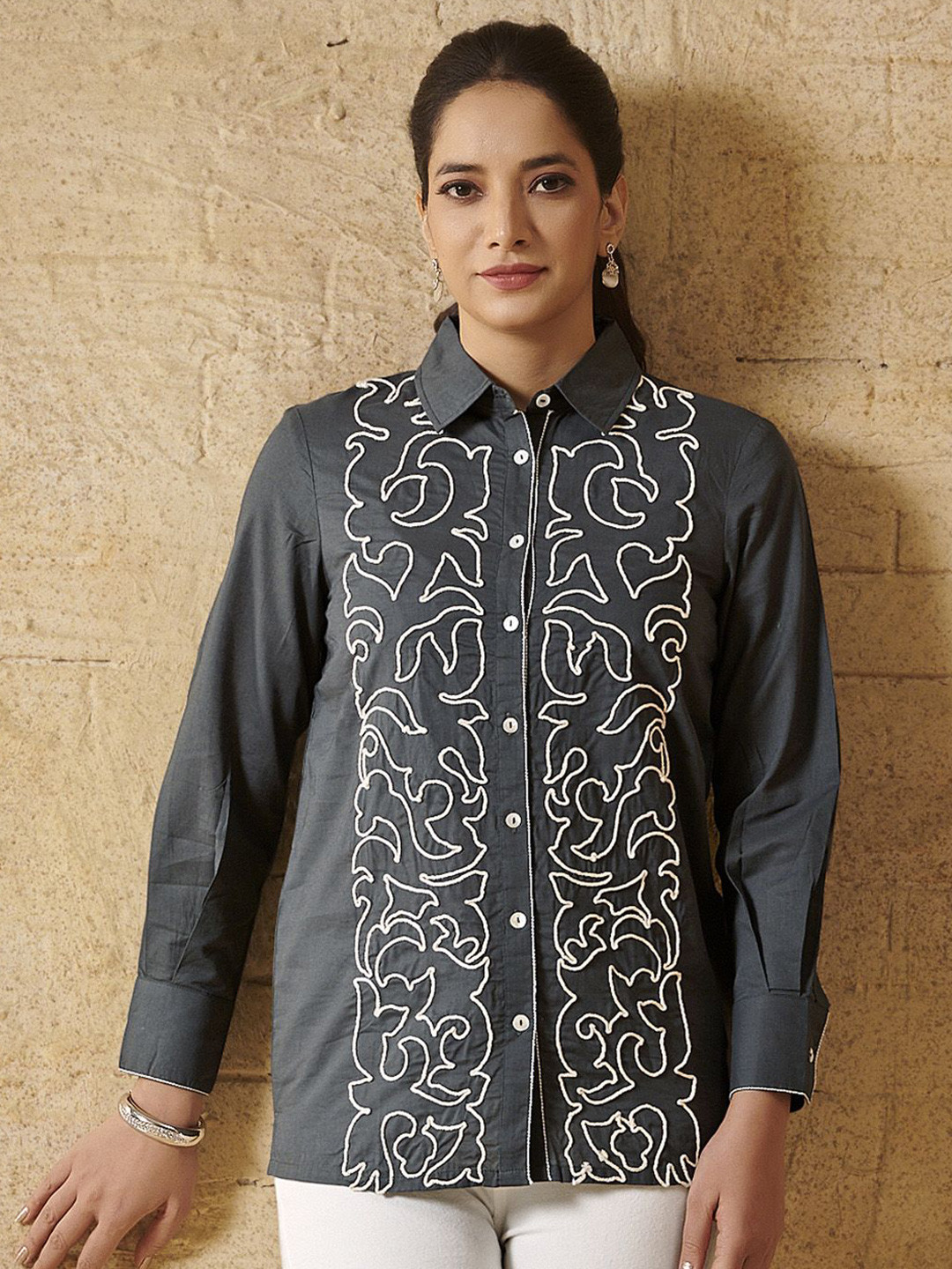 Anouk Women Floral Embroidered Shirt Collar Long Sleeves Shirt StyleTops