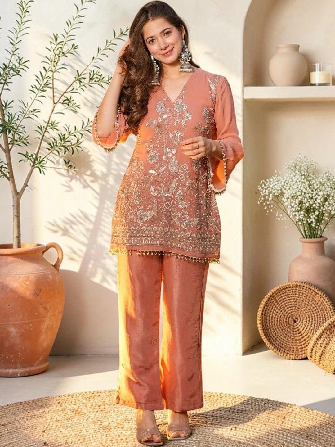 Sangria Women Ethnic Motifs Embroidered Regular Thread Work Kurta with Trousers