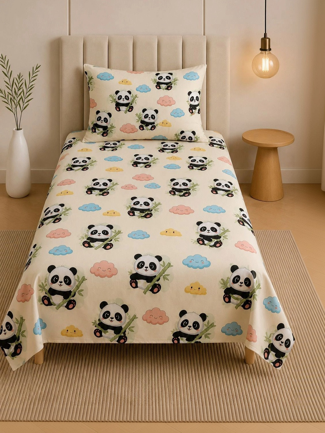 TINDLER KNOTS Cream-Coloured & Black Cartoon Characters 144 TC Single Bedsheet with 1 Pillow Covers